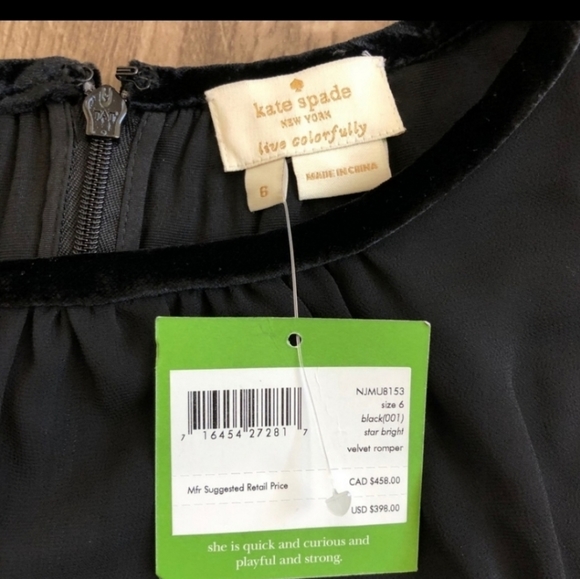NWT Kate Spade Black Velvet 3/4Sleeve Ruffle Romper - Picture 4 of 8